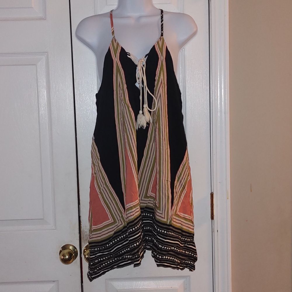 Spaghetti strap black colorful dress Sz L EUC